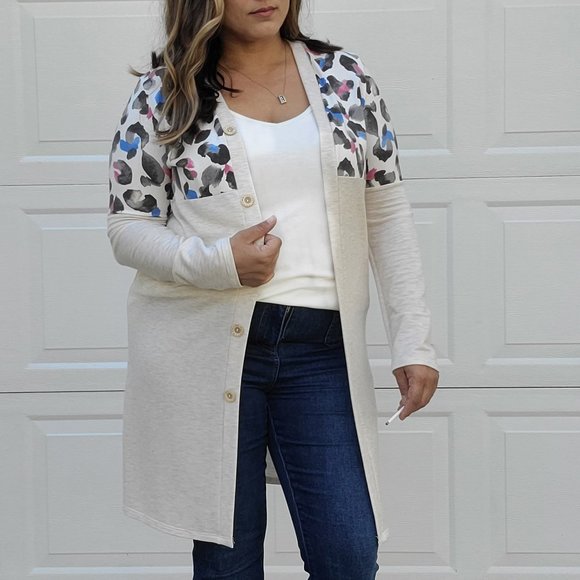 Lovely Melody Sweaters - Long Oatmeal & Leopard Print Cardigan
